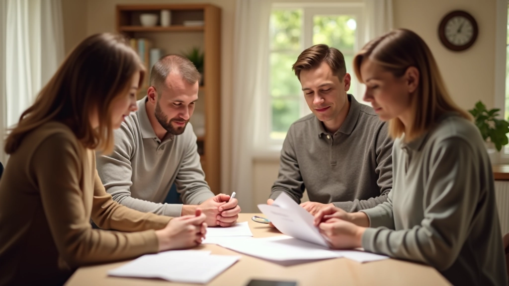 Familie sitzt am Esstisch mit Ausgabenübersicht und plant gemeinsam das Haushaltsbudget