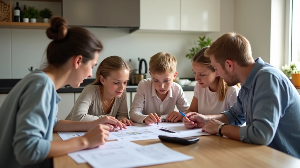 Familie sitzt am Küchentisch und plant ihr monatliches Budget mit Dokumenten und Kaffee