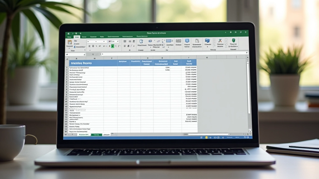 Laptop-Bildschirm mit Excel-Tabelle für Budgetplanung, Säulendiagramm mit Kategorien und Ausgabensummen sichtbar