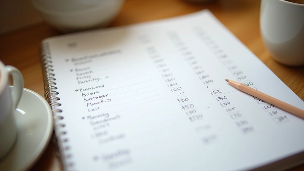 Geöffnetes Haushaltsbuch mit handschriftlichen Notizen und Kategorieüberschriften auf heller Oberfläche