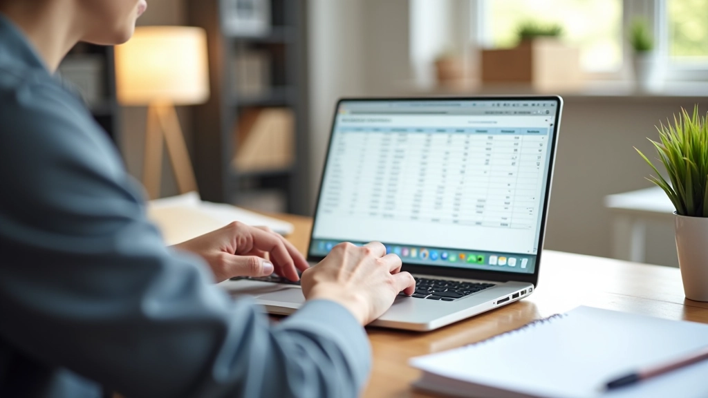 Person am Schreibtisch mit Laptop, der ein digitales Budget-Dashboard mit monatlichen Ausgabenplanern anzeigt