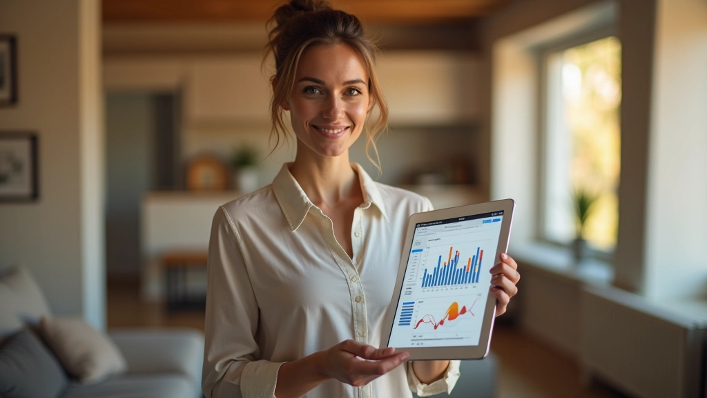 Frau schaut auf Tablet mit Finanzdiagrammen und plant ihre monatlichen Sparziele